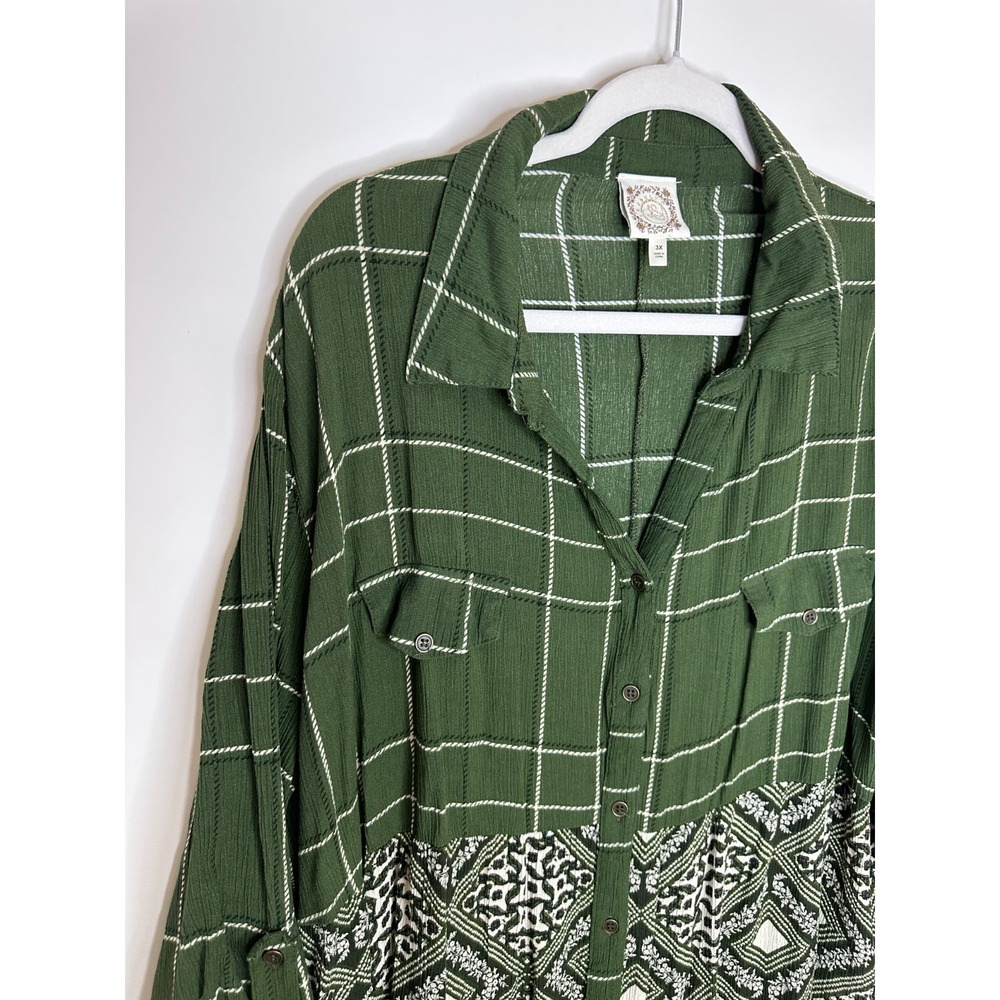 Trueself Mixed Print Plaid Floral Button Tunic Top Green Roll Tab Shirt Size 3X - Picture 3 of 12